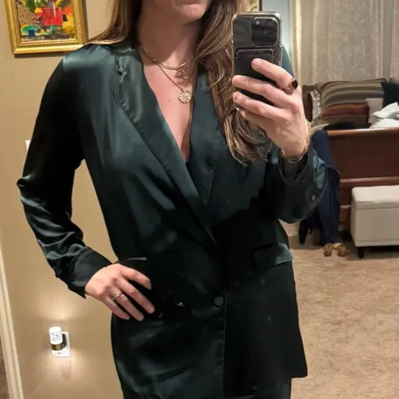 Silk Laundry Dark Green Silk Oversized Blazer XL Boxy Unstructured Designer $345 - Picture 7 of 13